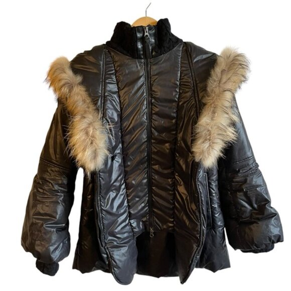 Mackage Peaches Double Zip Fur Hood Parka SM Black Nylon Cableknit Collar - Picture 6 of 16